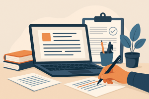 Illustration of a student workspace with a laptop, papers, books, and stationery used for dissertation writing and paraphrasing.